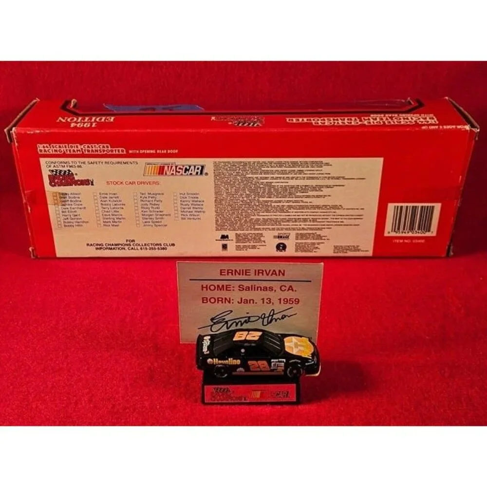 ERNIE IRVAN NASCAR TRANSPORTER BUNDLE w/MATCHING STOCKCAR & PLAYER CARD - NIB 56